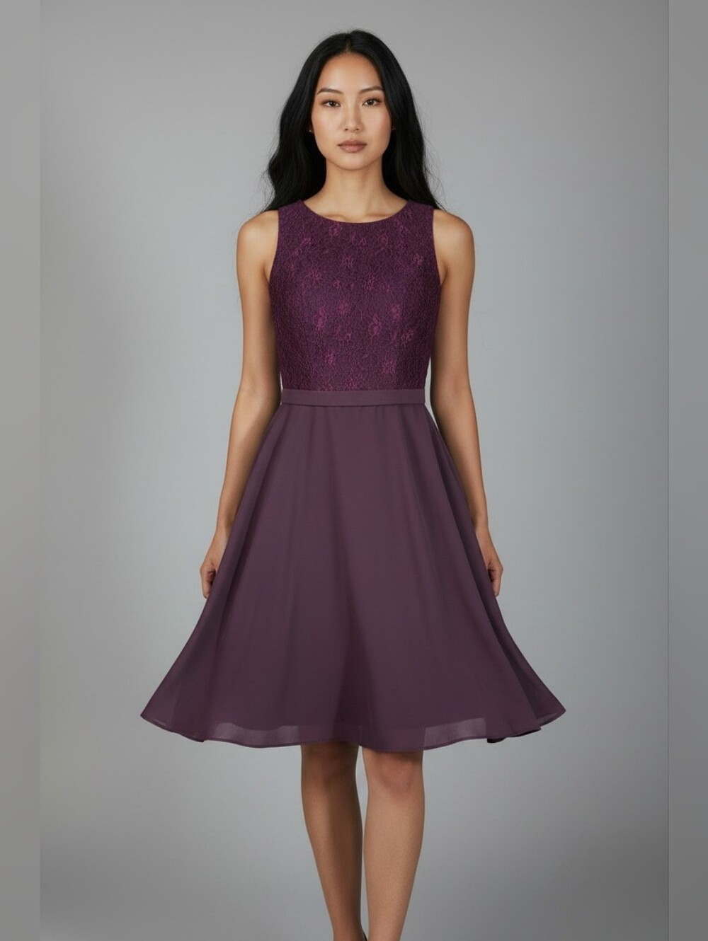 Sleeveless Lace Bodice A-Line Dress in Plum